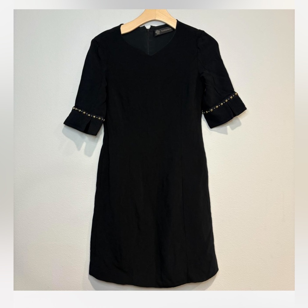 Authentic Versace Black Midi Dress with Gold Accents and pockets. EUC